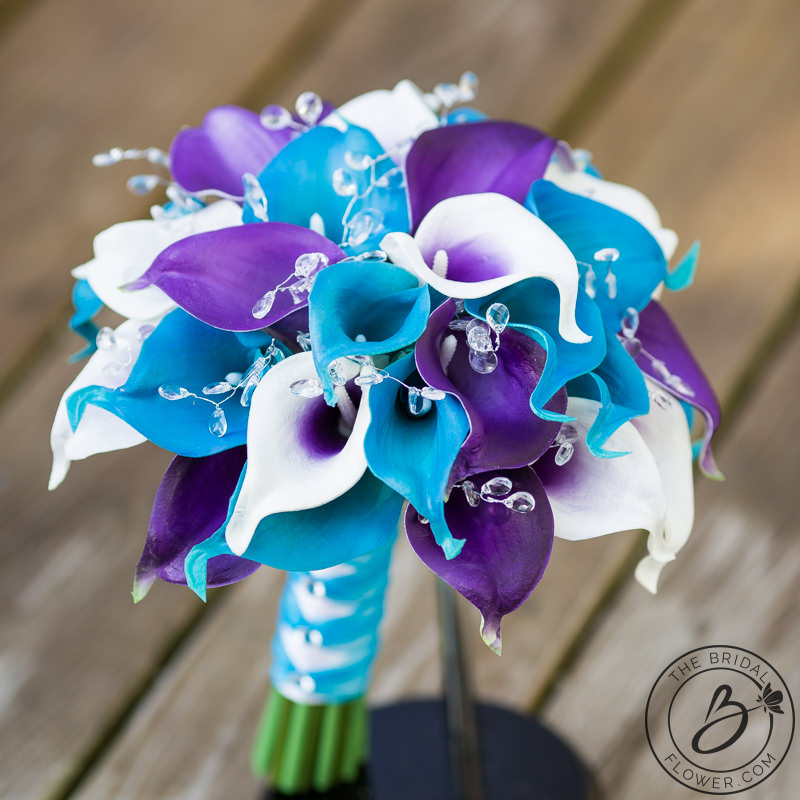 Purple and turquoise calla lily wedding bouquet with