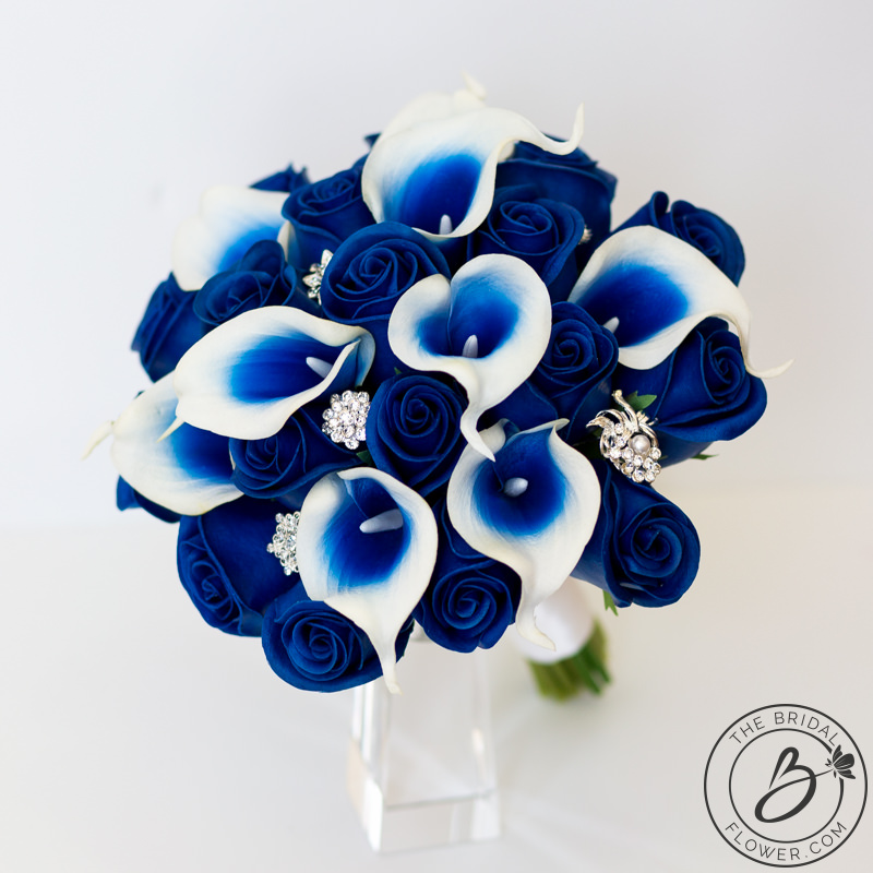 Royal Blue Rose And Calla Lily Bouquet With Brooch Gems The