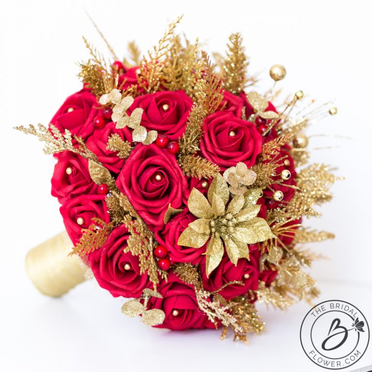 Red and gold glitter winter wedding bouquet The Bridal