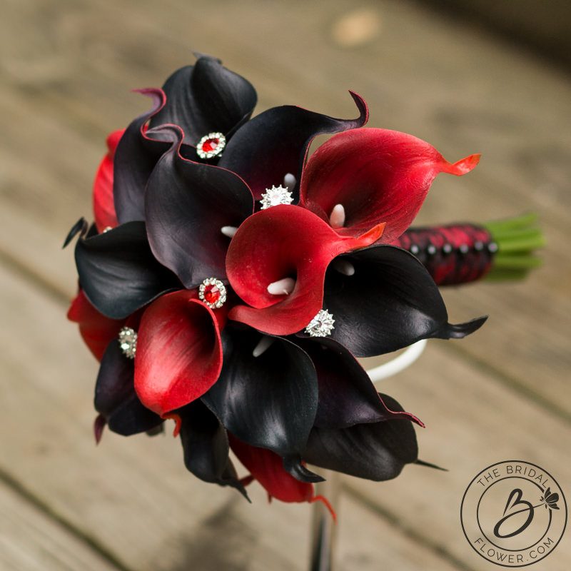 Red And Black Calla Lily Bouquet With Sparkly Gems The Dark Red Calla Lily Bouquet Wred In Shear Iridescent Fabric
