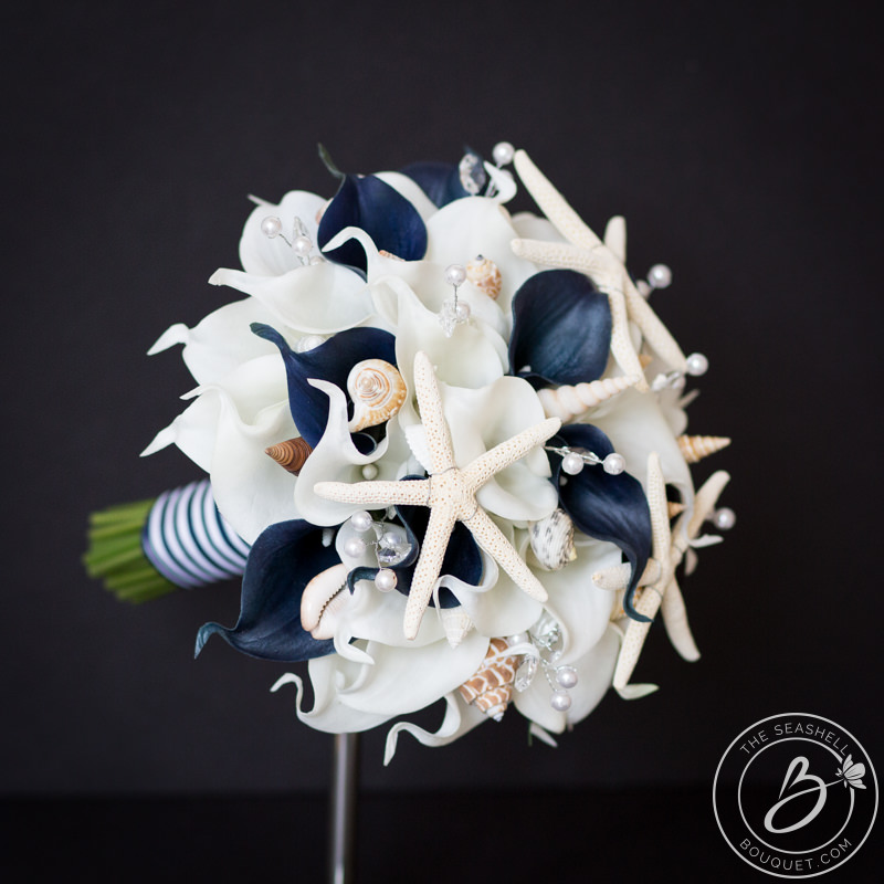 Navy blue nautical bouquet with calla lilies and shells – The Bridal ...