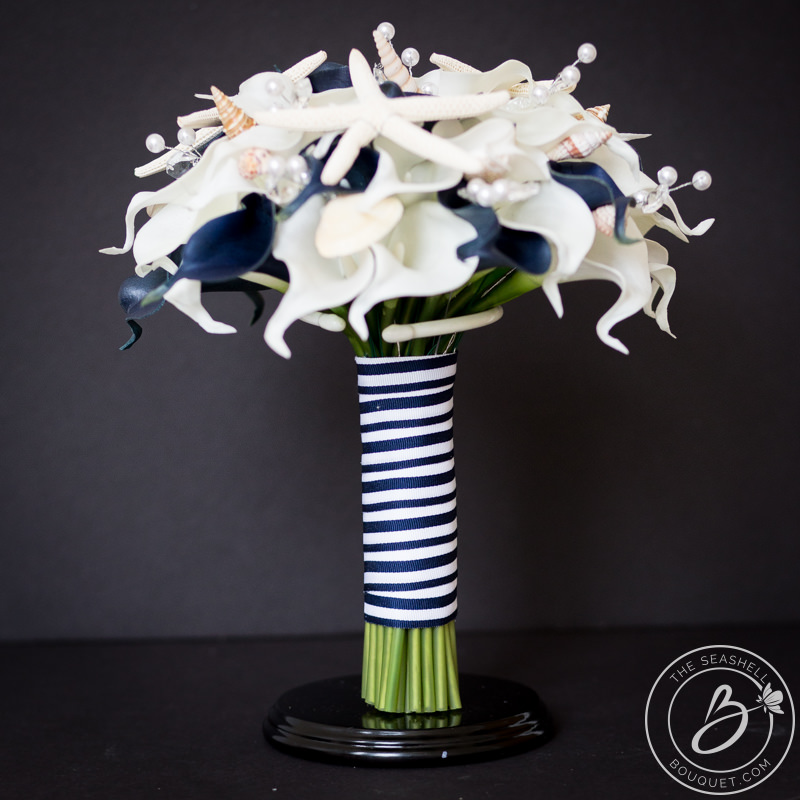 Navy blue nautical bouquet with calla lilies and shells – The Bridal ...